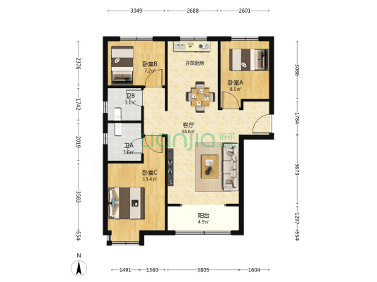 翰弘林溪郡 3室1厅2卫 106平方
