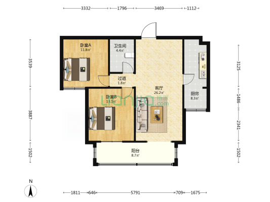 现代·海棠湾 2室1厅1卫 106平方