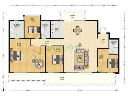建发养云 4室1厅3卫 215平方