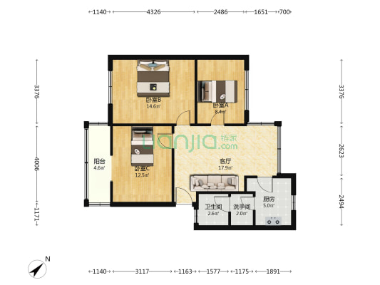 西城小区 3室1厅2卫 77平方