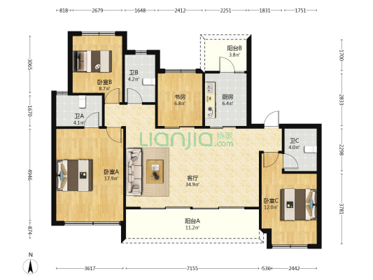龙光天瀛三期 4室1厅3卫 137平方