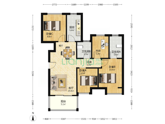 富力院士廷 4室1厅2卫 88平方