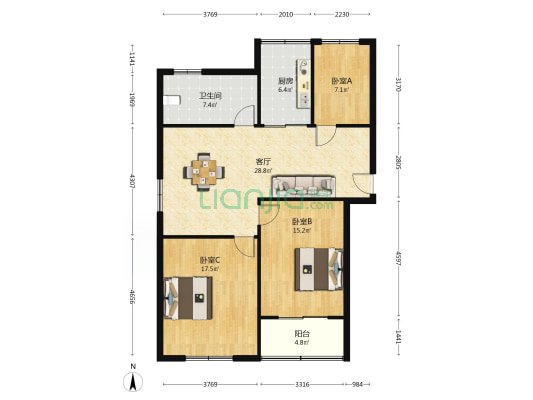 沁园新村 3室1厅1卫 101平方
