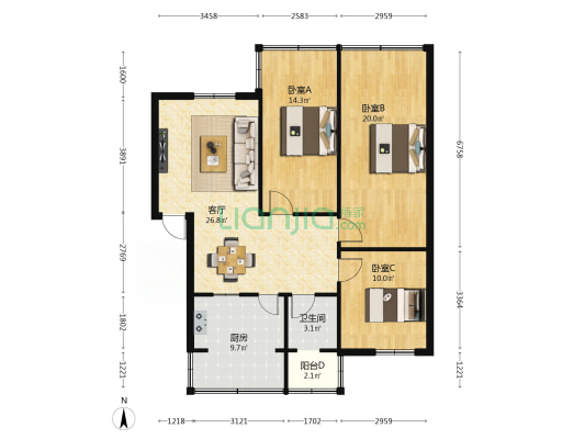 组兴小区 3室1厅1卫 109平方