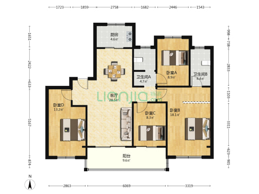 金厦阳光春晓 4室1厅2卫 126平方