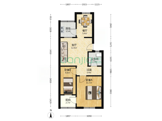海大家属院 2室2厅1卫 58平方