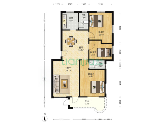 翠云苑 3室2厅2卫 103平方