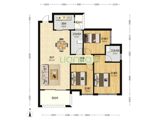 行运家园 3室1厅2卫 108平方