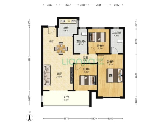 亚新橄榄城璟院 3室1厅2卫 107平方