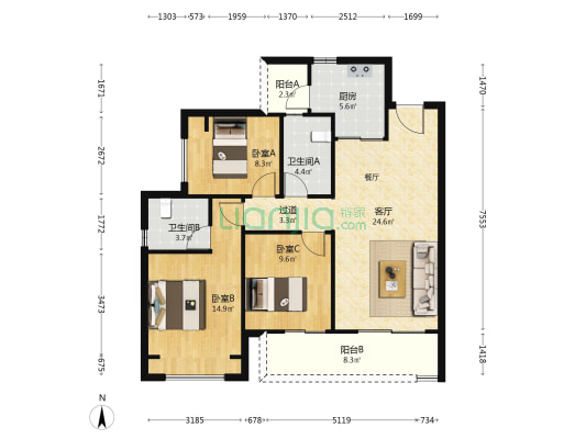 越秀曦悦府 3室1厅2卫 108平方