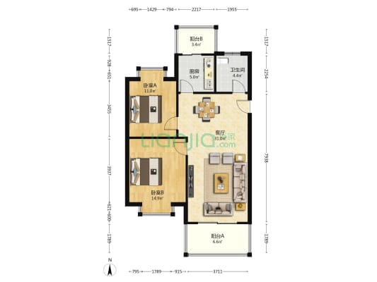 江滨家园华庭苑 2室1厅1卫 92平方