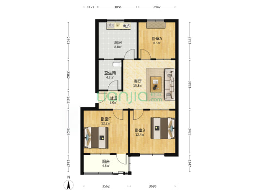 吕花园居民小区 3室1厅1卫 86平方