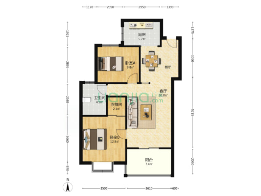 紫轩雅苑 2室1厅1卫 94平方