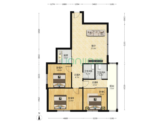 金盘广场 3室1厅2卫 111平方