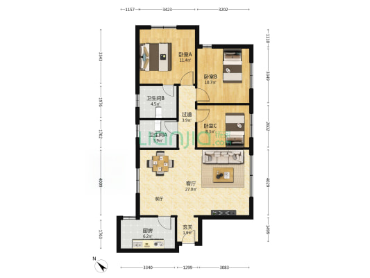 安徽大厦 3室1厅2卫 109平方