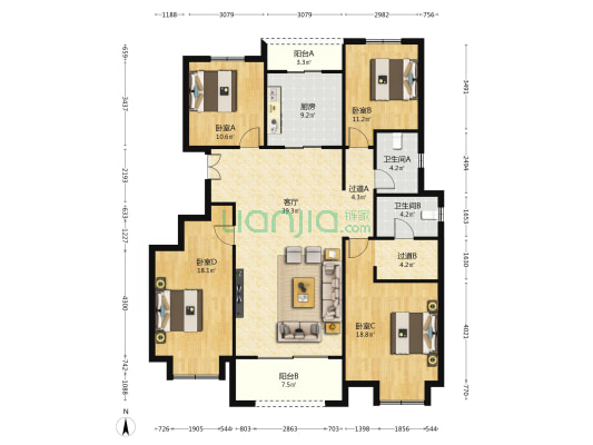 荣华湖畔一号 4室1厅2卫 157平方