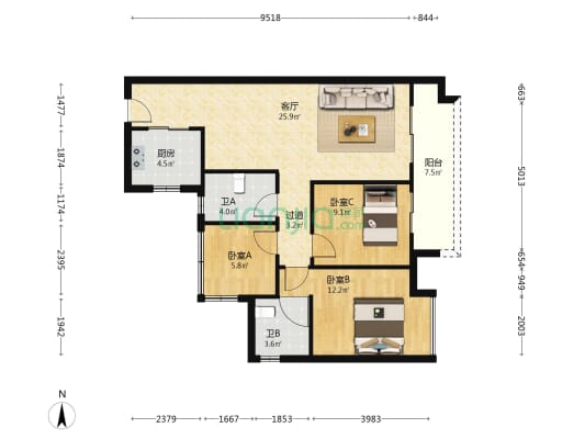 保利云山堂悦 3室1厅2卫 93平方