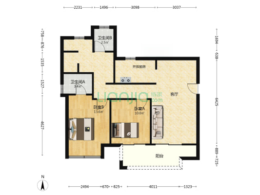 瑞福花园B区 2室1厅2卫 110平方