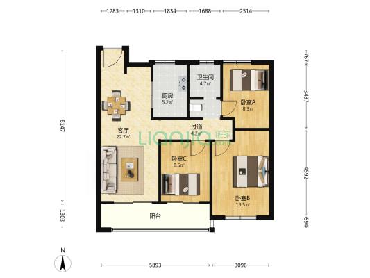 熙上花园 3室1厅1卫 91平方