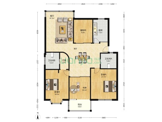 隆兴家园 3室1厅2卫 149平方