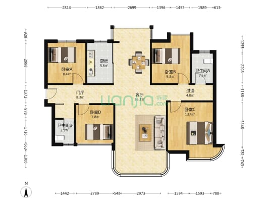 会展三润城 4室1厅2卫 127平方