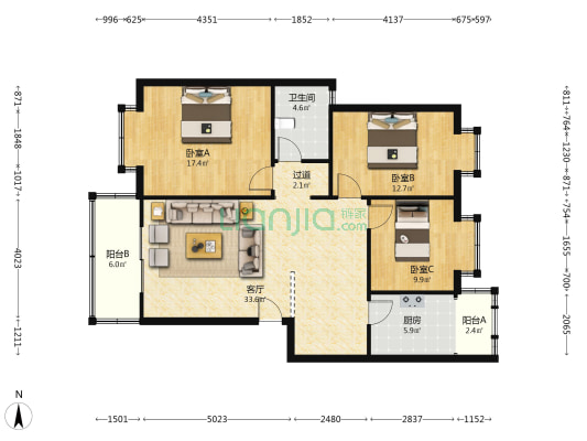 长宁小区A区 3室1厅1卫 105平方