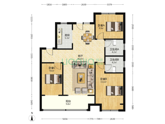 嬴兴嘉园 3室1厅2卫 132平方