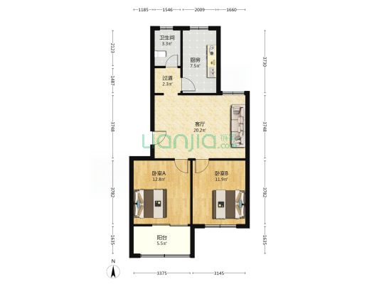 豪园小区 2室1厅1卫 83平方