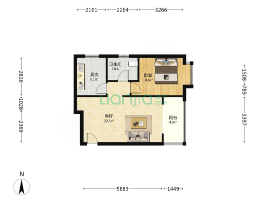 鸿坤理想湾一居室精装满五唯一随时看房明厨明卫-户型图