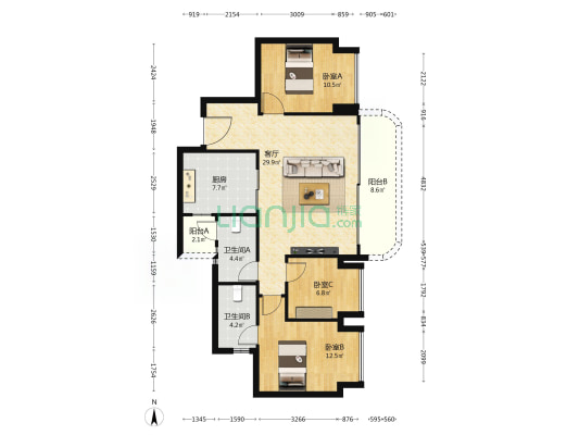铂悦滨江 3室1厅2卫 99平方