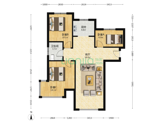 狮子城三局业主诚心出售毛坯随意装修-户型图