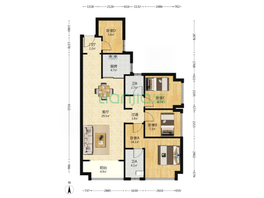 滨江金茂悦 4室1厅2卫 97平方