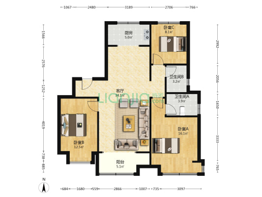 樾府国际 113平 精装未住 三面朝阳 洋房 可贷款-户型图
