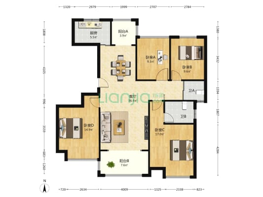 绿地中央花园 4室1厅2卫 134平方