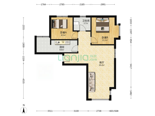 涿州东站 鸿坤理想湾全明两居室 南北通透精装修-户型图