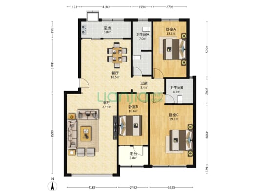 晚报宿舍 3室2厅2卫 125平方
