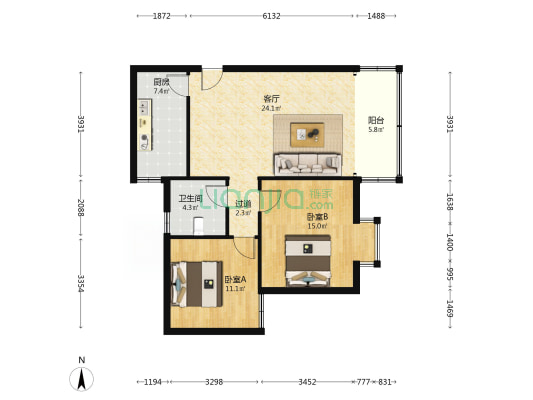 富翔花园 2室1厅1卫 88平方