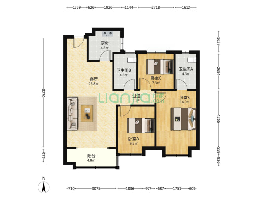 万达·外滩壹号 3室1厅2卫 110平方