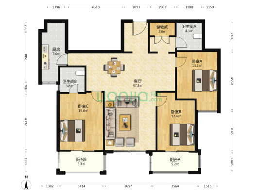 前林家园 3室1厅2卫 145平方