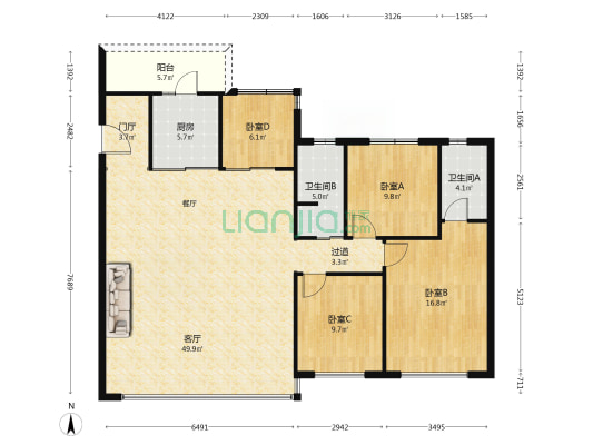 保利天珺 4室1厅2卫 143平方