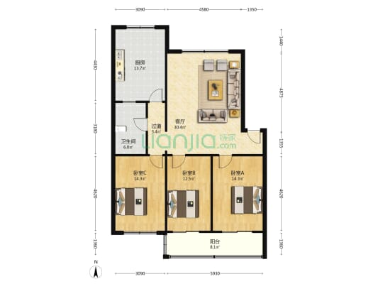 检察院住宅楼 3室1厅1卫 118平方
