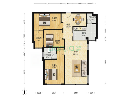 振宁新秀公寓小区 3室2厅2卫 99平方