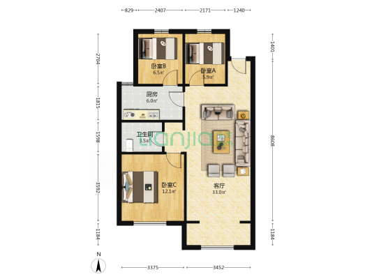 禧悦城 3室1厅1卫 101平方
