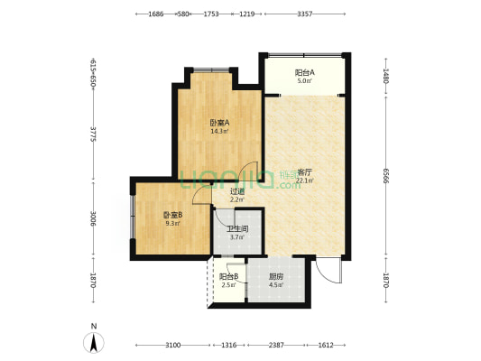 金城·新天地 2室1厅1卫 86平方