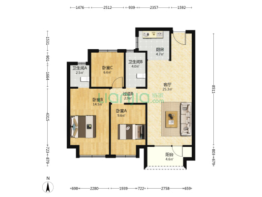 中绿蔚蓝湾 3室1厅2卫 103平方