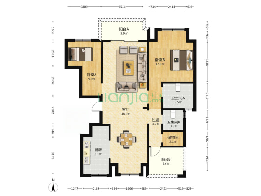 祥生府A区 2室1厅2卫 119平方