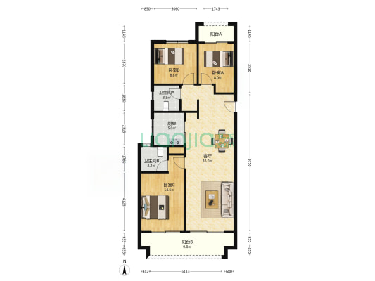 万科理想拾光 3室1厅2卫 121平方