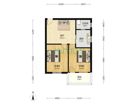 广积营邮电单位宿舍 2室1厅1卫 66平方