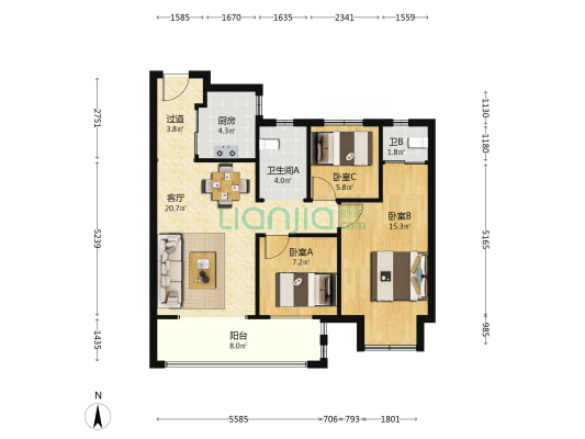 中骏世界城 3室1厅2卫 94平方
