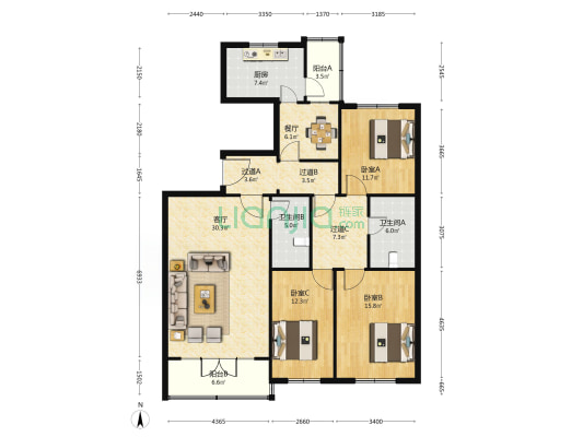 世纪公寓 3室2厅2卫 157平方